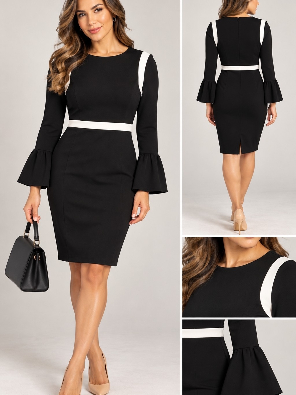 Calvin Klein Black Midi Sheath Dress with White Trim